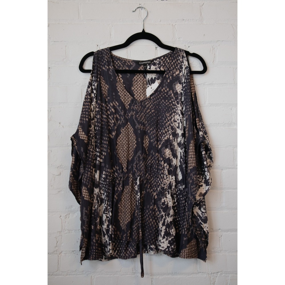 Y2K Express Snakeskin Print Cold Shoulder V-Neck Blouse Grey Tan Kimono Sleeve L